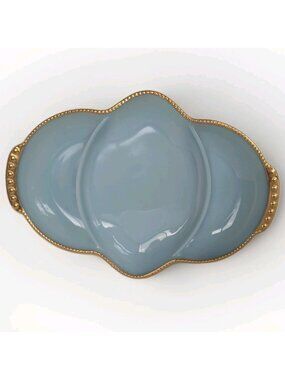 Vintage Fire‑King Turquoise Blue Milk Glass 3‑Section Relish Dish Gold Trim MCM